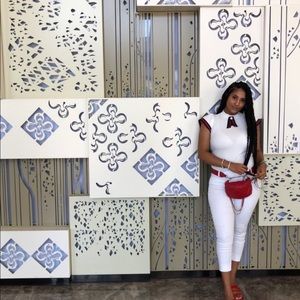 White blouse with navy blue & red stripes